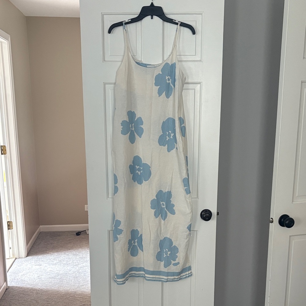 The Academy Brand Cream Slip Dress with Light Blue Floral Print